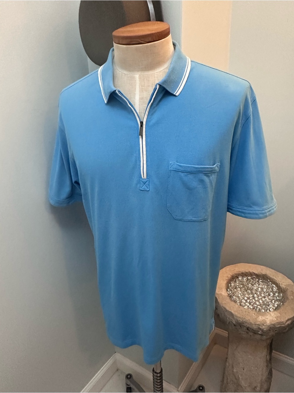 Bugatchi Sky Blue Short-Sleeve Zip Polo with Chest Pocket
